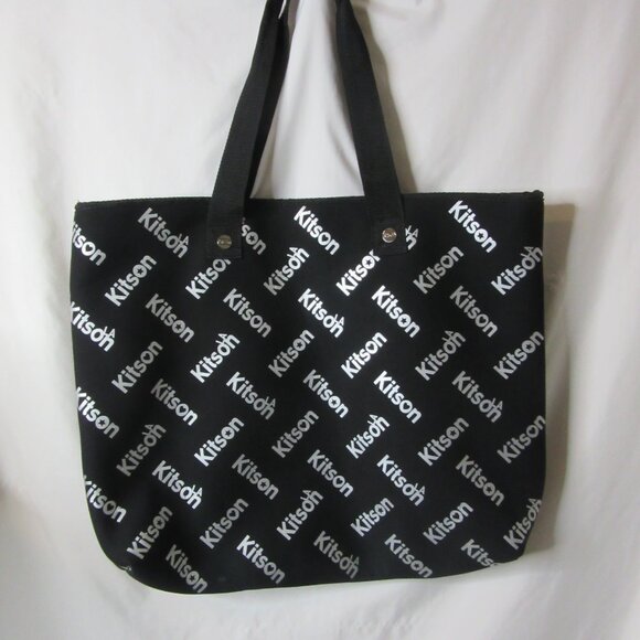Kitson L.A. Neoprene Tote Bag Large Black and Silver Shoulder Handle Blue Lining - Picture 3 of 11